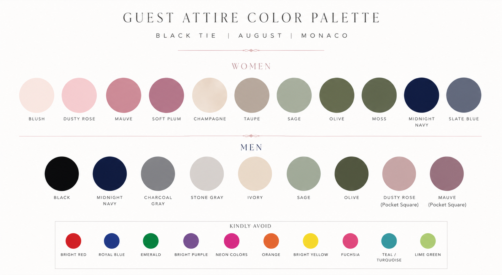 Guest attire colour palette — black tie, August, Monaco