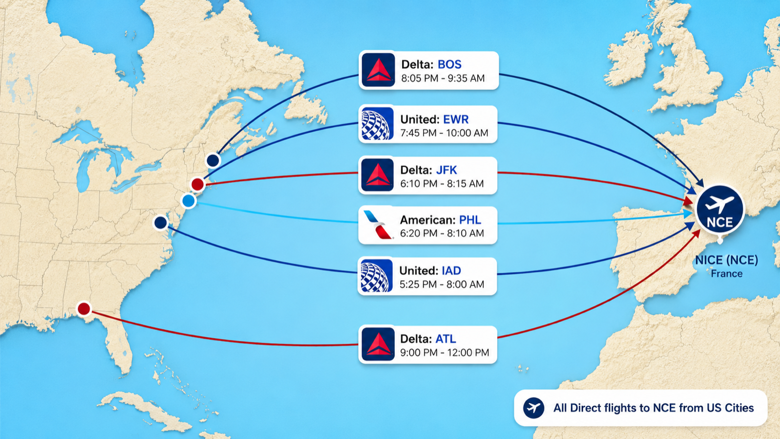 Nonstop US routes to Nice C&ocirc;te d'Azur (NCE)