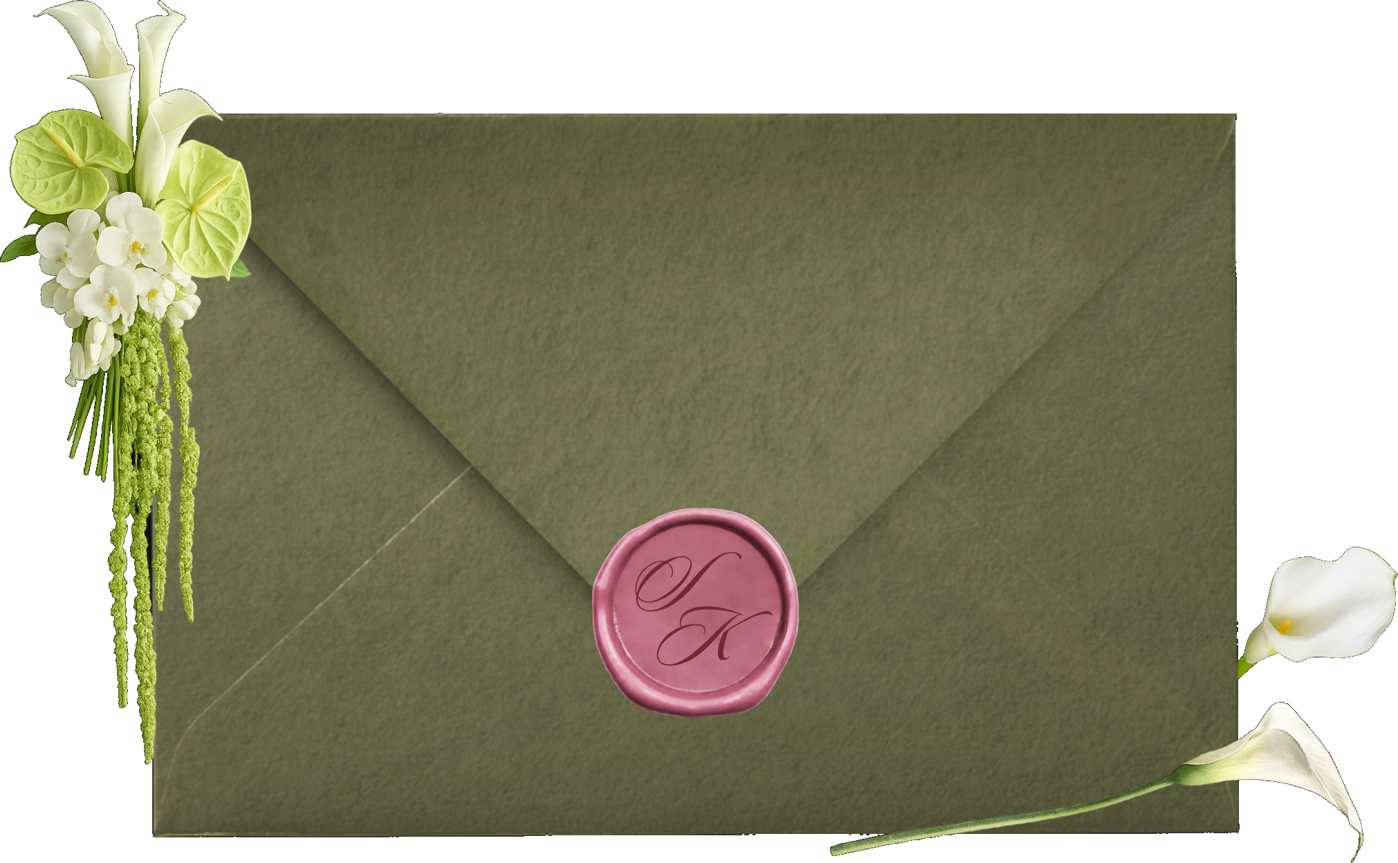 Sealed olive envelope with florals and a wax seal monogram